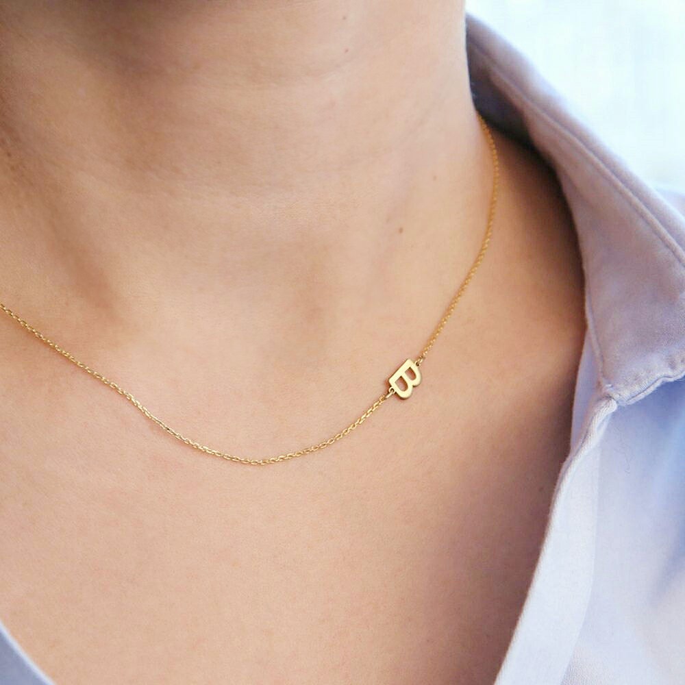 CUSTOM Side initial name necklace personalized Vertical letter necklace 14k gold plated monogram necklace