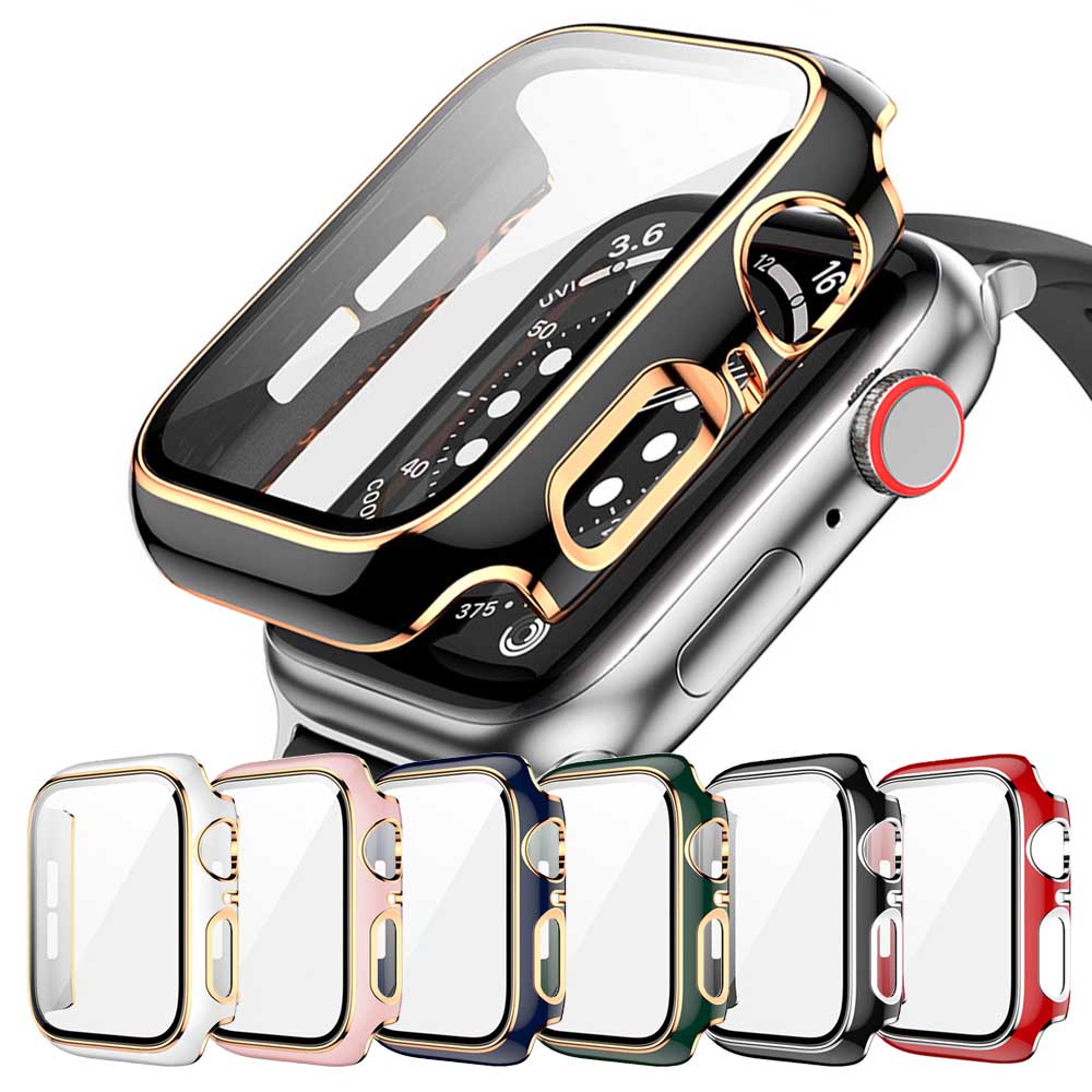 For Apple Watch Series 8 45mm Dual Color Electroplating Watch Case Built-in  Tempered Glass Screen Protector Hard PC Overall Protective Cover - Red /  Gold Wholesale