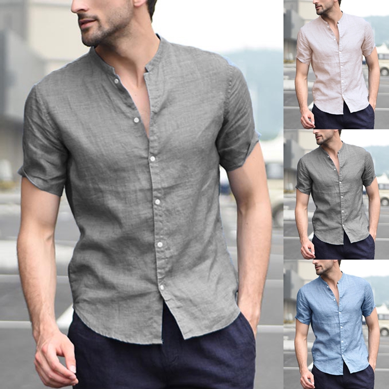 Mens Short Sleeve Linen Casual Breathable Soft V-Neck Shirt