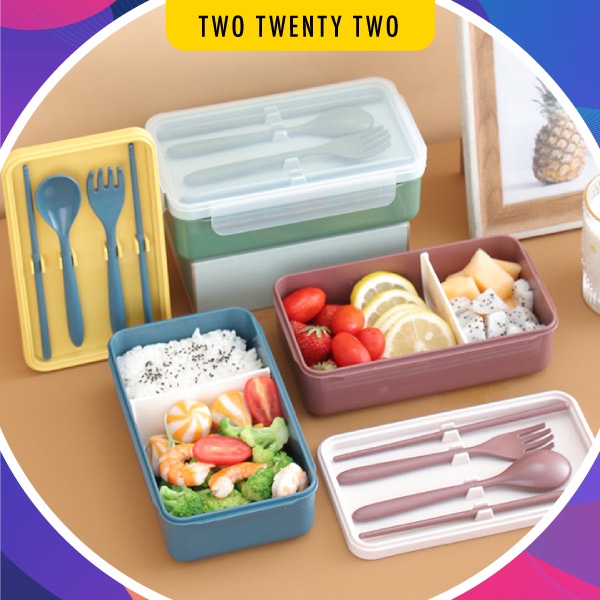 3 Grids Lunch Box with Fork Spoon Sauce Box Cutlery Holder