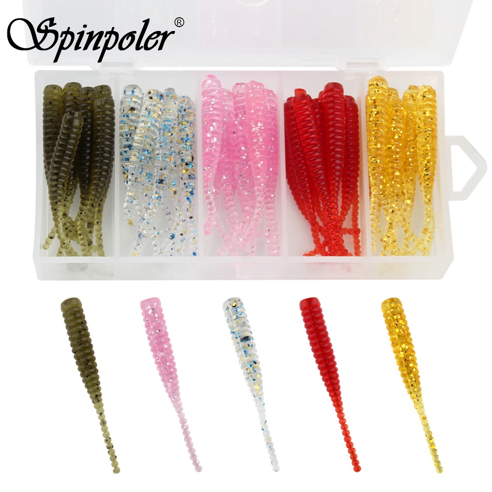 Spinpoler Soft Plastic Fishing Lure Silicone Bait Micro Tail 4cm/0.3g  Rockfing Fishing Anjing Jig Worm 50pcs Mixed Color With Box