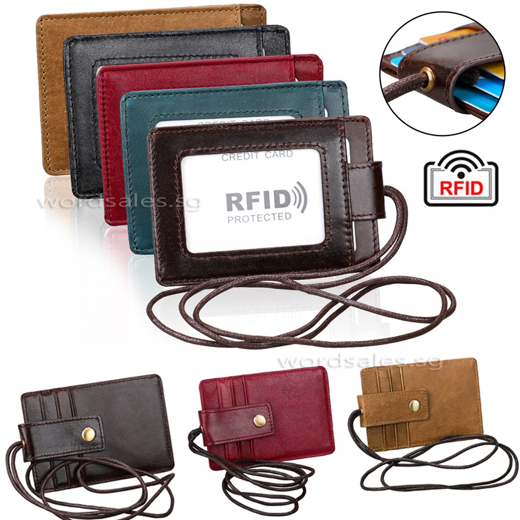 Genuine Leather Id Card Badge Holder with Lanyard RFID Blocking Card Cover  for Chest Card Hangtag Work Pass Student Card Holder