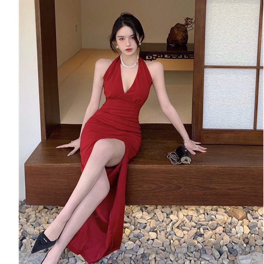 Cinnabar mole Cherry red sleeveless waist slit bag hip skirt halter neck suspender dress long skirt Shopee Singapore