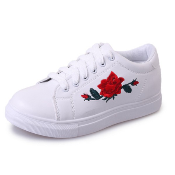 White shoes clearance with red roses