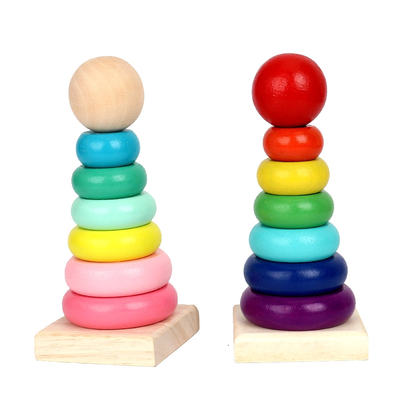 Ready Stocks]Wood Building Blocks Rainbow Tower Column Rainbow