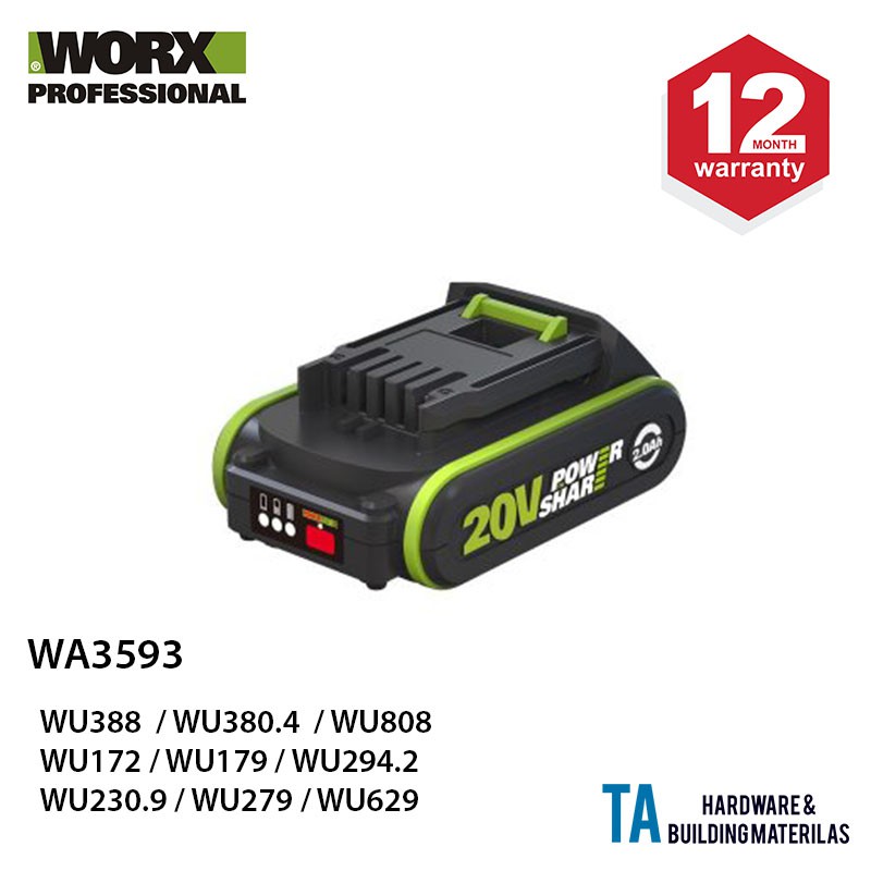 WORX BATTERY 20V 2.0AH WA3593 WU388 WU380.4 WU172 WU179