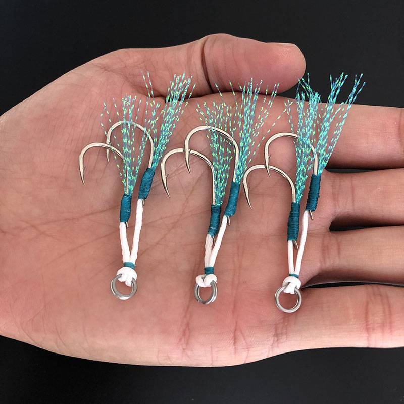 10Pairs Metal Jig Assist Hook Pink Double Hooks Thread Feather High Carbon  Steel Sea Fishing Hook Slow Jigging Peche
