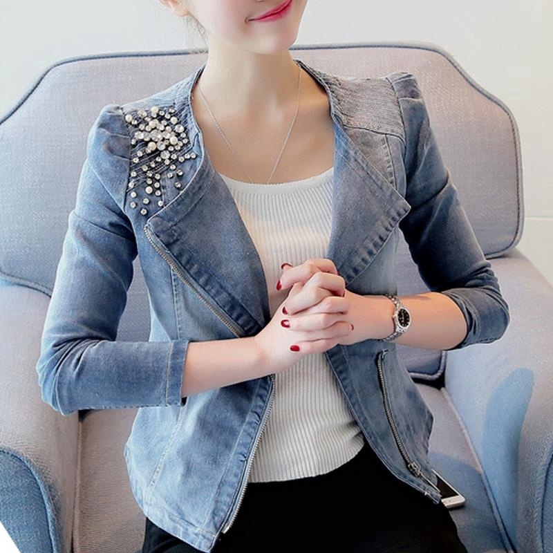 S XXL Fashion Casual Elegant Women Slim Denim Jacket Elegant Bead