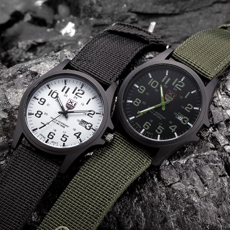 Fashion Mens Date Military Stainless Steel Analog Quartz Army