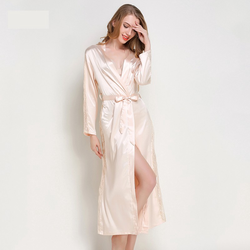 Long Robe Silk Satin Bathrobe Lace Kimono Night Robe Dressing Gown For Women