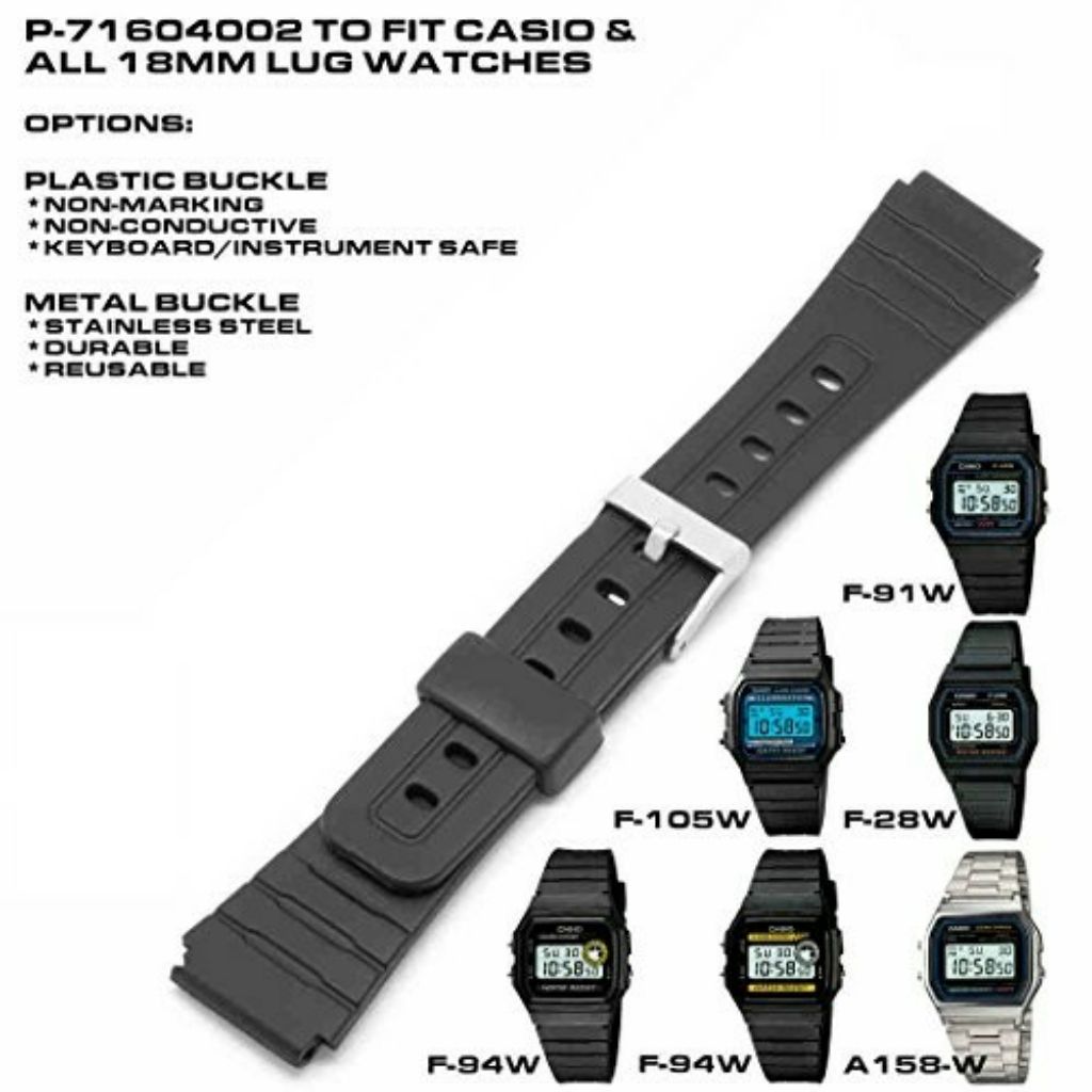 CASIO F-91W Rubber Watch Strap - Metal Buckle - 18mm - Replacement