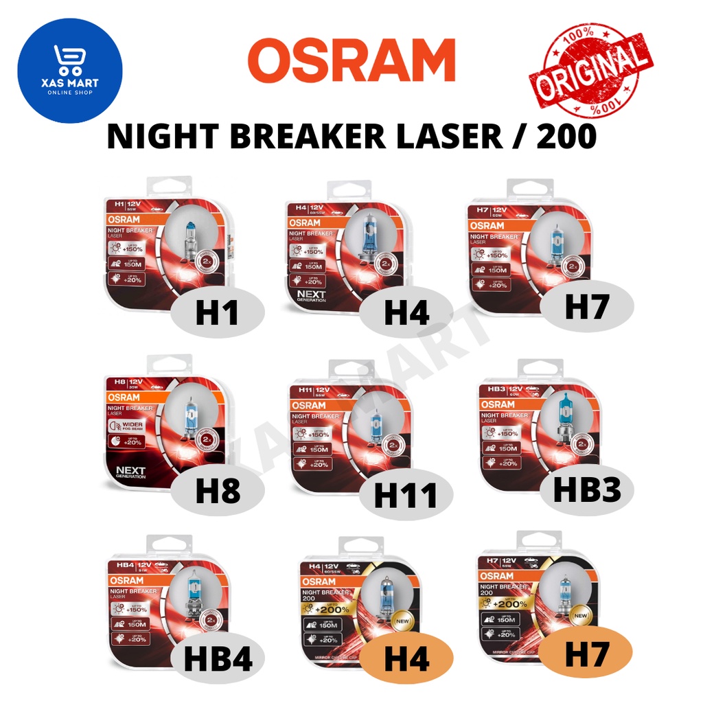 Osram Night Breaker Laser (+150% Brightness) / 200 (+200% Brightness) Set  (2 pcs) H1 H3 H4 H7 H8 H11 HB3 HB4