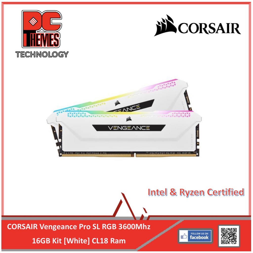 Corsair Vengeance RGB Pro SL 16GB (2x8GB) DDR4 3200 (PC4-25600) C16 1.35V  Desktop Memory - White (CMH16GX4M2E3200C16W)