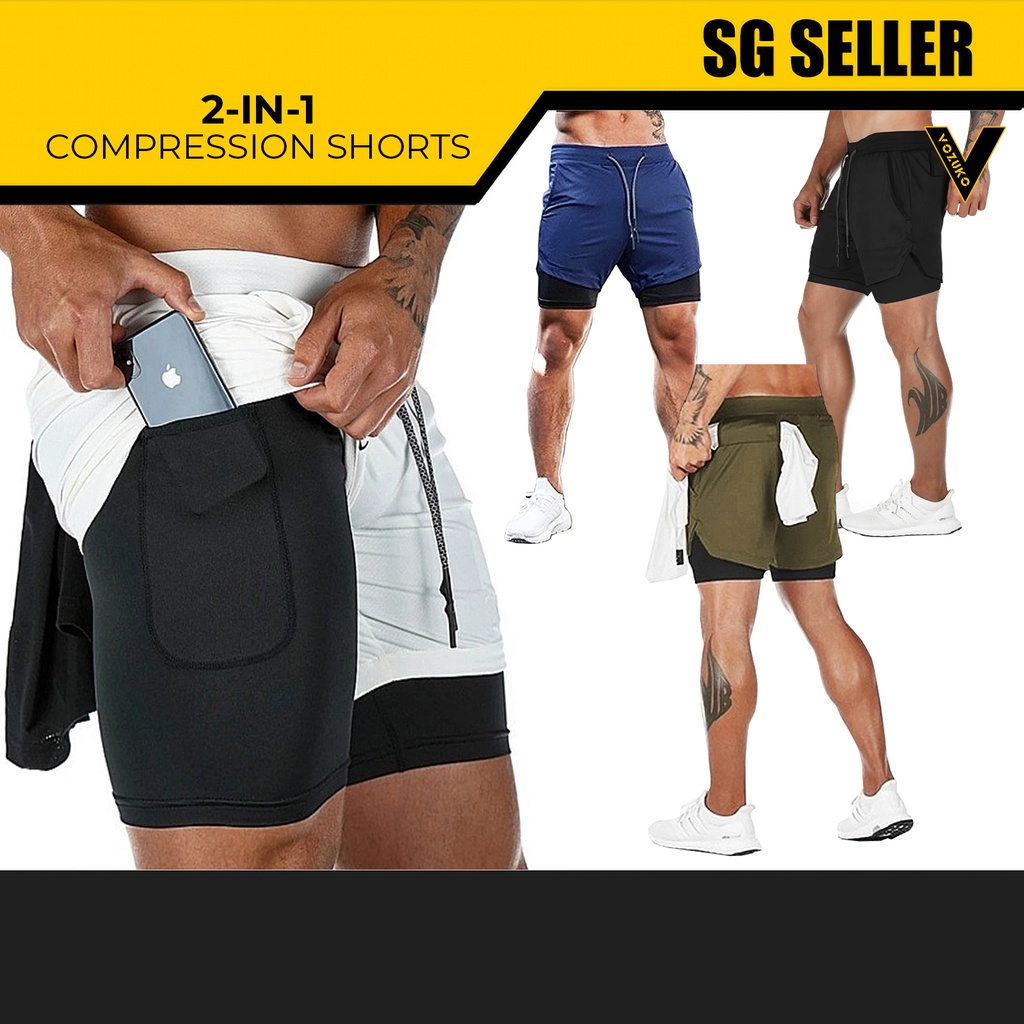 SG SELLER] Double Layer Running Sport Shorts Men Gym Fitness Quick