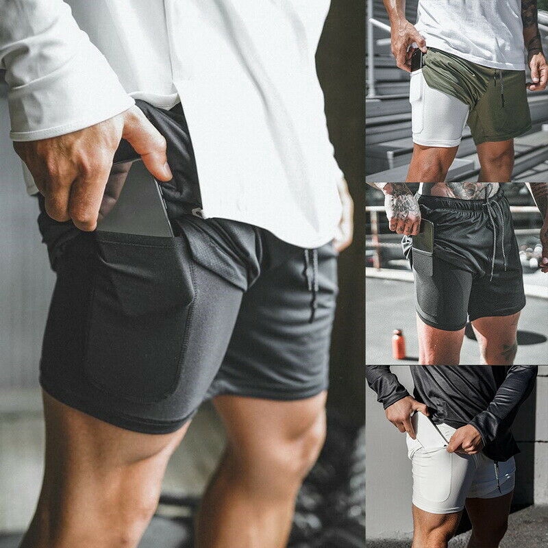 Mens double layer deals running shorts