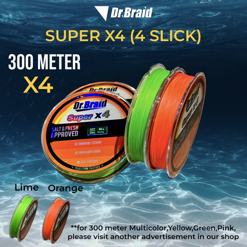 Dr.Braid Super X4 Orange / Lime Color 300 meter Size 4lb 6lb 8lb 10lb 15lb  20lb 30lb 40lb 50lb