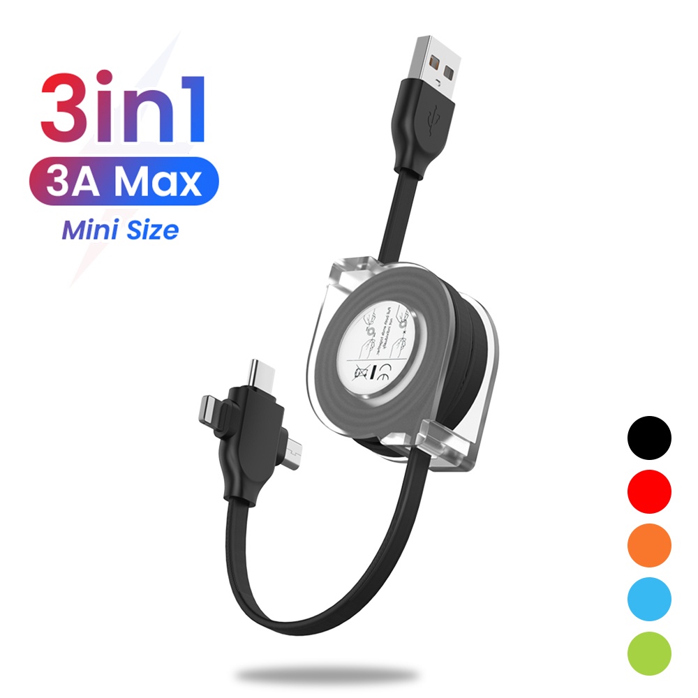 2M 3 In 1 USB Charge Cable Micro USB Type C Cable Retractable