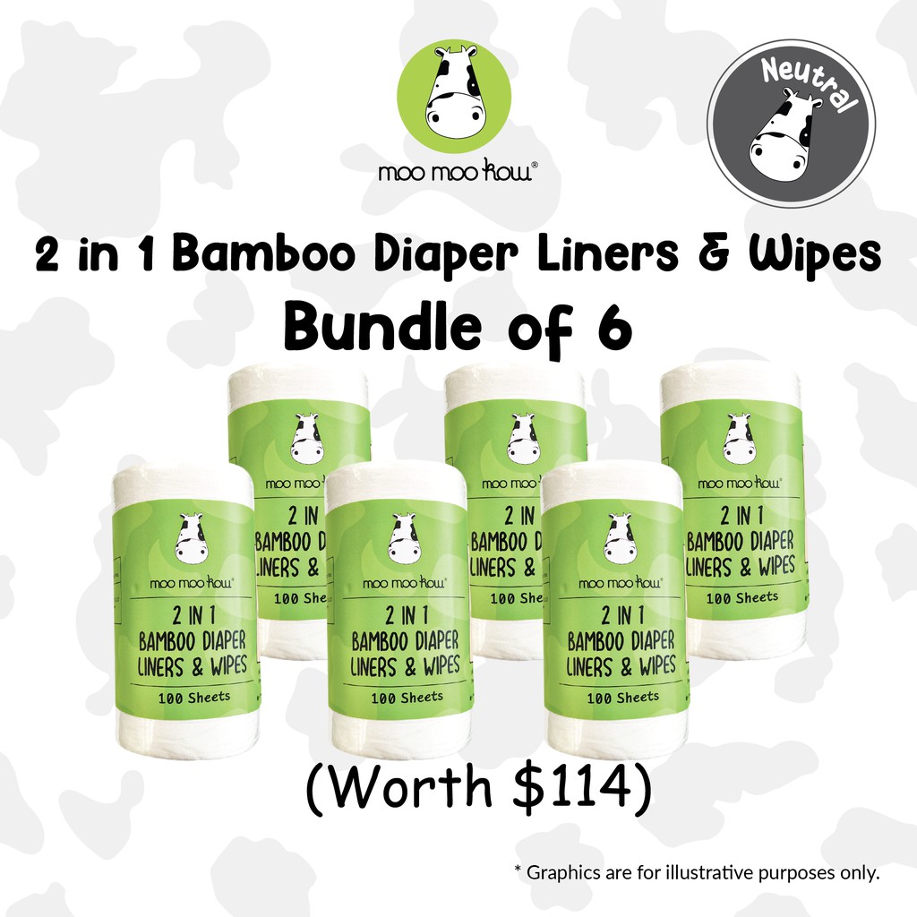 Moo Moo Kow 2 in 1 Bamboo Diaper Liners and Wipes Set of 6