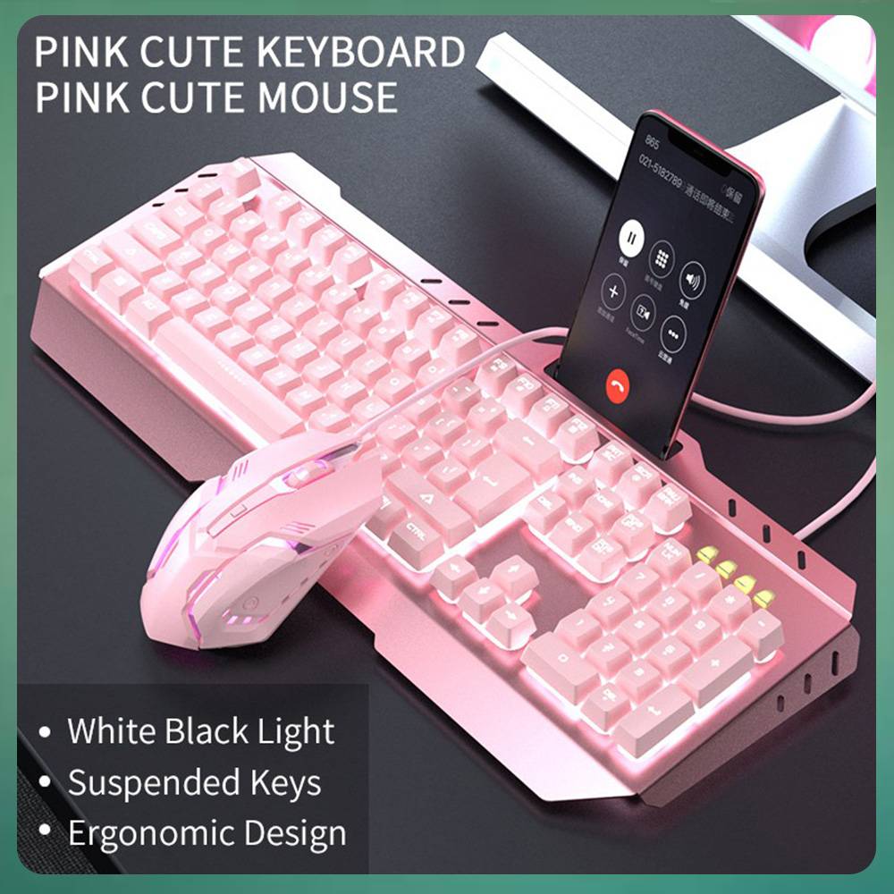  Raxinbang Keyboard Gaming Keyboard,USB Keyboard Set Gaming  Mouse Computer Backlight Headset Waterproof Gaming Headset for LOL (Color :  Pink) : Video Games