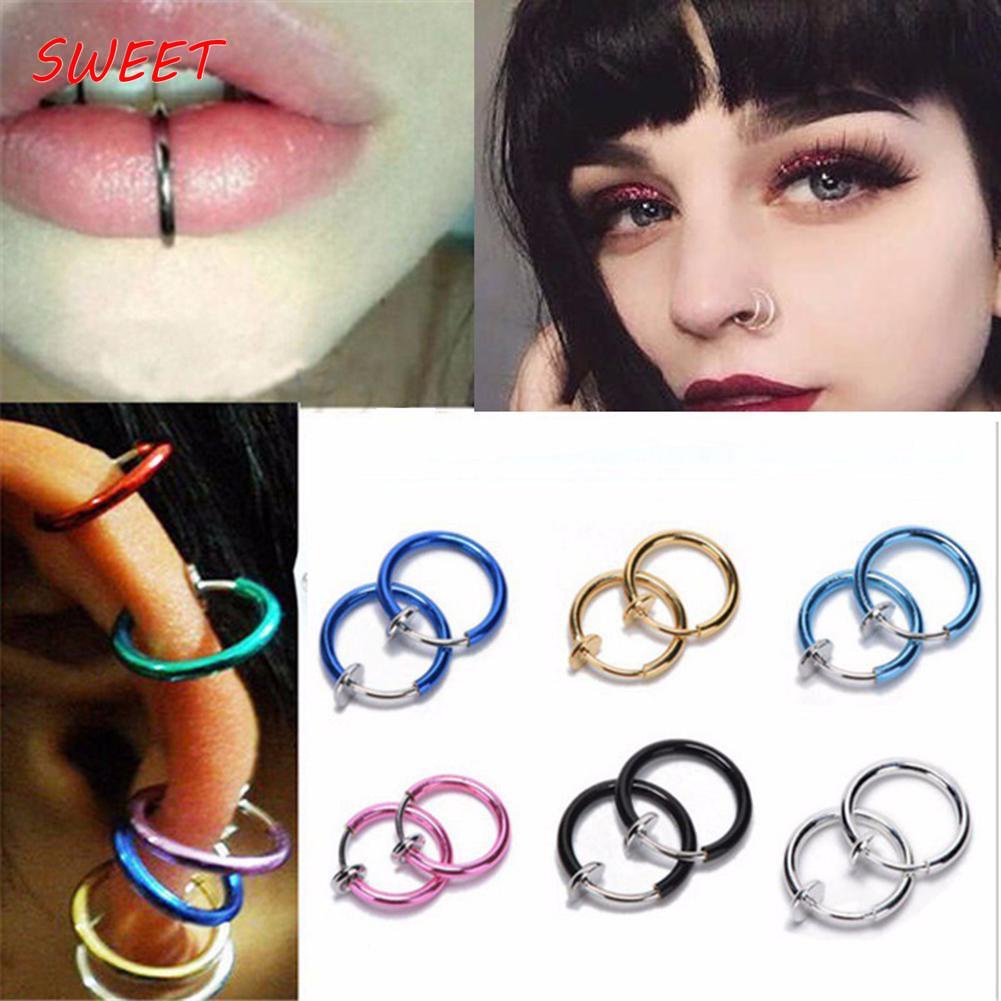 SWEET 2 Piece Fake Stud Earrings Goth Punk Clip On Septum Piercing Body  Nose Lip Rings Hoop Jewelry