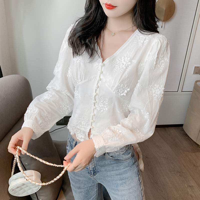 Elegant Women V-Neck Shirt Korean Fashion Cotton Blouses Shirts