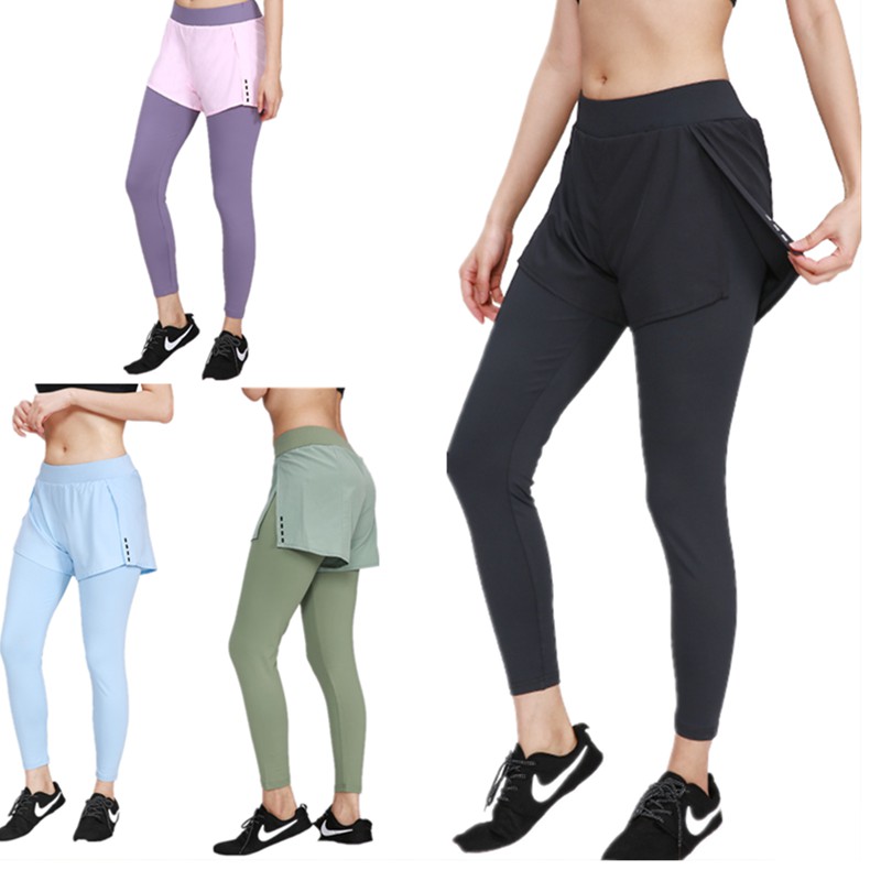 Women 2 In 1 Yoga Pants Solid Sports Compression Running Tights Side Pocket  Female Gym Training