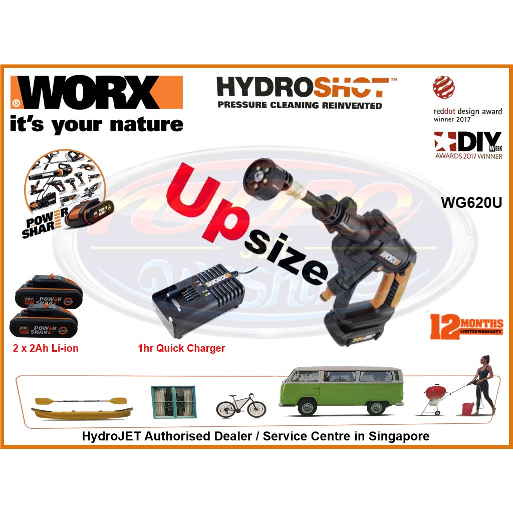 WORX WG620U Hydroshot Power Cleaning Upsize 2 x 2Ah Li ion with