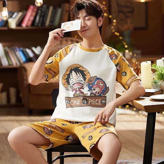 Special offer】Cartoon Pyjamas Men's Long Sleeve Pajama Set Home Wear  Sleeping Pants One Piece Luffy