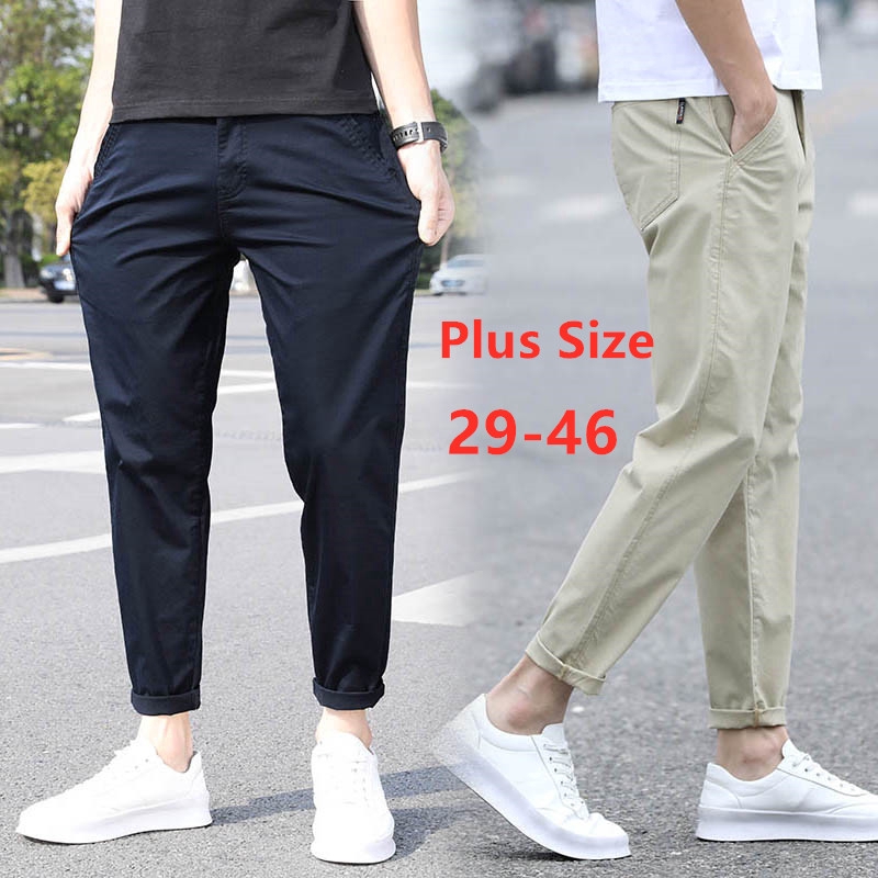 Summer Men's Plus Size Ankle Length Casual Pants Cotton Chinos Trousers  Black Grey Dark Blue Khaki Big Size 42 44 46