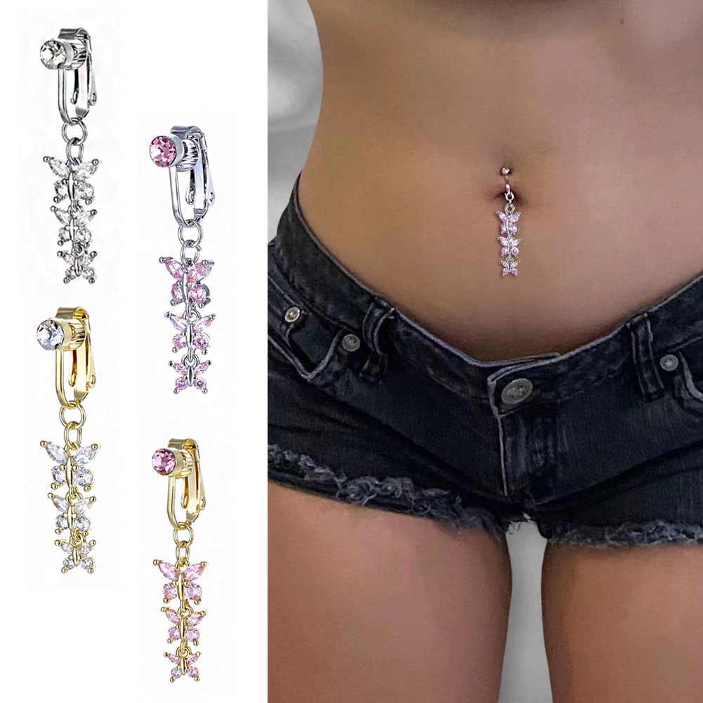 Fashion Faux Body Piercing Jewelry Fake Belly Piercing Butterfly Navel  Rings CZ Clip on Belly Button Ring