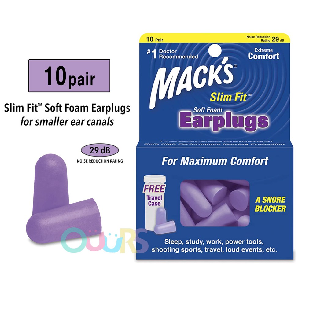 Earplug Mack's Slim Fit 10 Pair + Case. Small Soft Foam Ear Plugs for  Sleeping, Snoring, Traveling, Concerts