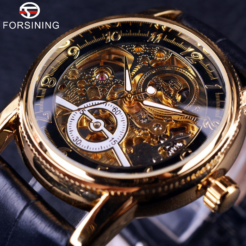 Forsining Leather Gold Dial Skeleton Montre Automatique Automatique