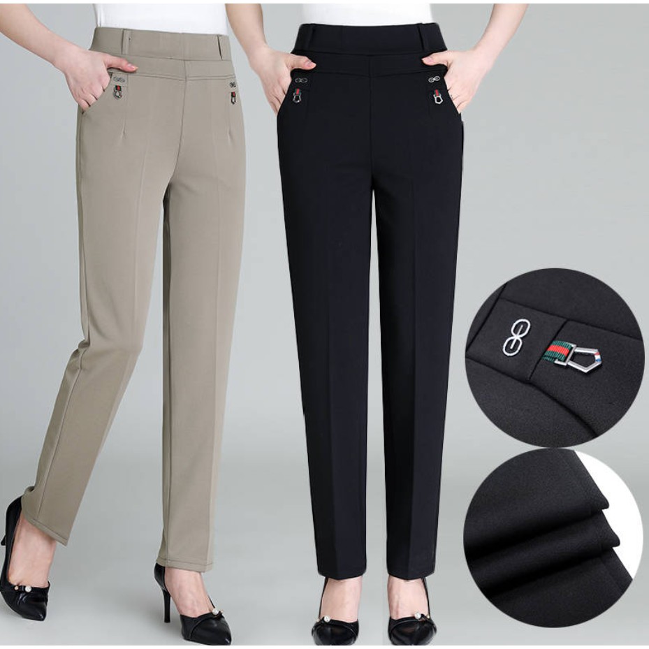 Women Trousers Elastic High Waist Straight Leg Slim Pants Office Formal  Business