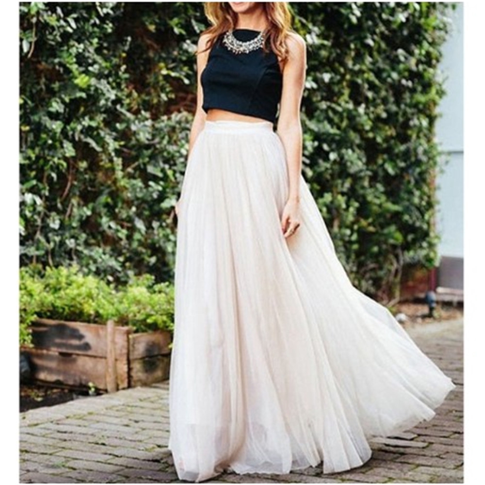 Ready Stock Women Tulle Mesh Skirts Elastic High Waist 3 Layers Pleated Full Maxi Skirt Long Dress