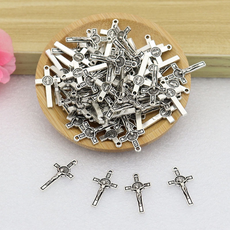 50Pcs/Lot Mini Jesus Christ Exorcism St Benedict Crucifix Cross Pendant DIY  Handmade Rosary Necklace Parts Accessories