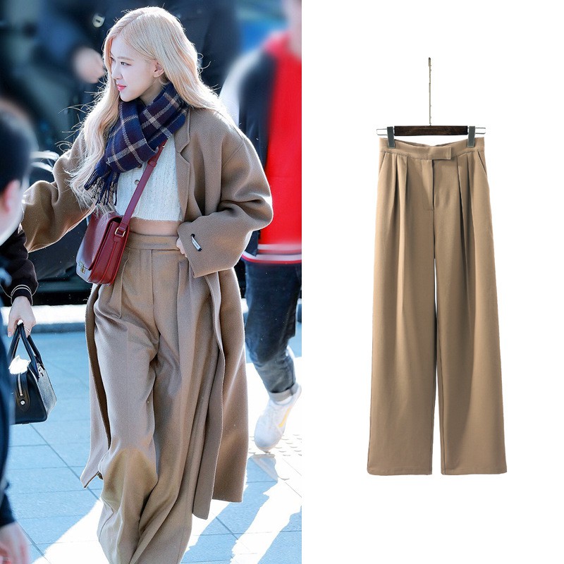 Blackpink Rose Casual Camel High Waist Wide Legs Pants New Style Straight  Trousers | Shopee Singapore
