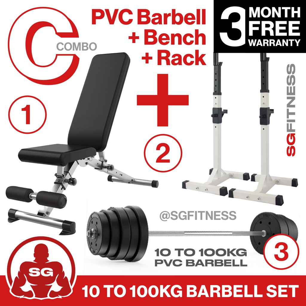 Combo Set C Black PVC 10 100KG Barbell Squat Rack Fitness