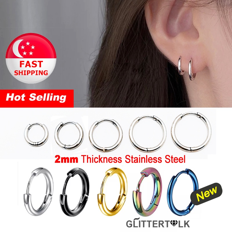 SG Seller] 1 Pair 2mm Stainless Steel Unisex Hoop Earrings Hypoallergenic  Buckle Hoops Huggies Helix Cartilage | Shopee Singapore
