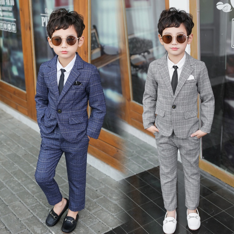 Kids Boys Suit Formal Attire Plaid Blazer Pants Suits Set Gentleman Outfit  Toddler Navy Blue Gray Dresswear