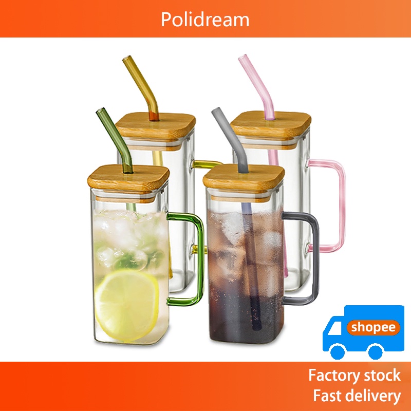 400ML Square Mug With Lids and Straws Single Colored Handle Layer Drinking Glass  Cups For Soda Iced Coffee Mil