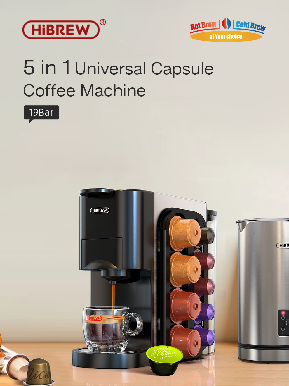 HiBREW H1A 1450W Espresso Coffee Machine, 19 Bar Extraction, Hot/Cold  4-in-1 Multiple Capsule Coffee Maker 