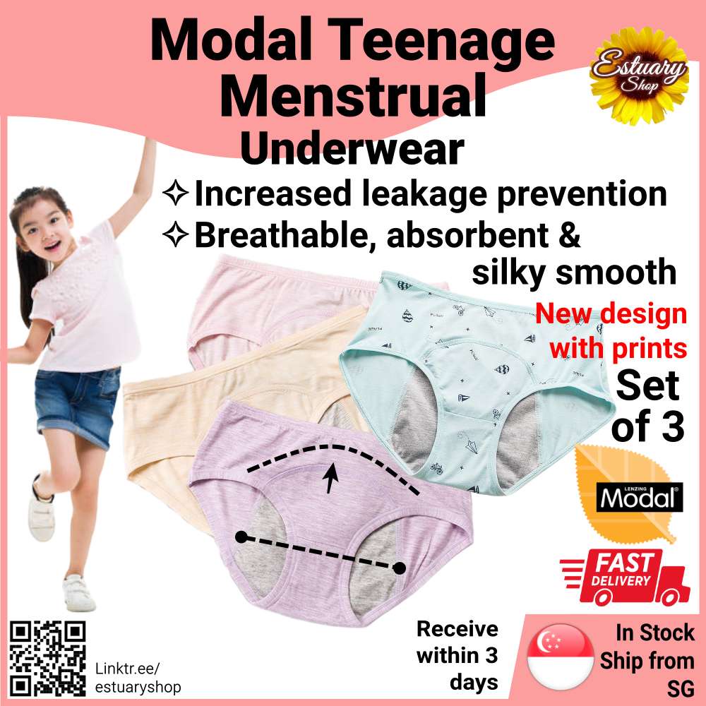 SG Seller] Set of 3 Modal Teenage Girl Menses Period Panties Leakproof  Underwear Kids Children Menstrual Teen