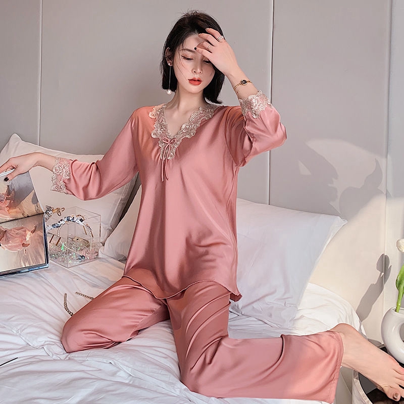 Ice Silk Women s Long Sleeve Suit Pyjamas Lace Sexy Loose Pajama