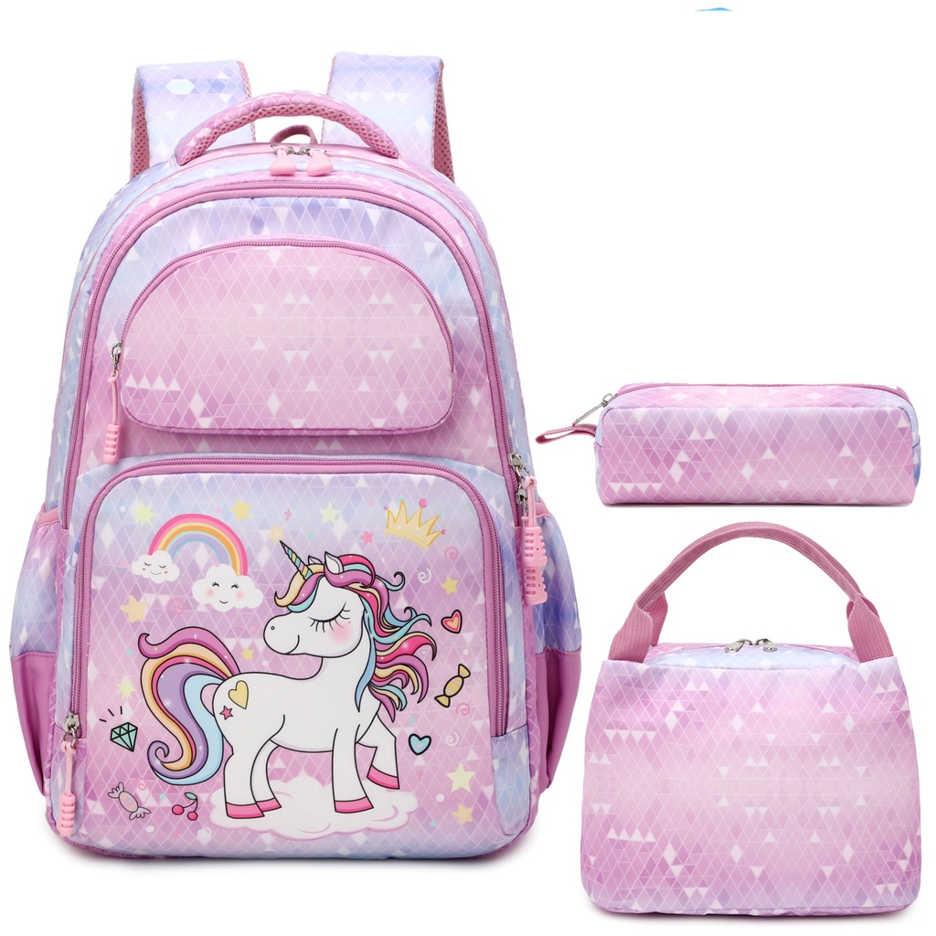 Ready Stock Purple Diamond Unicorn Ergonomic School Bag Lunch