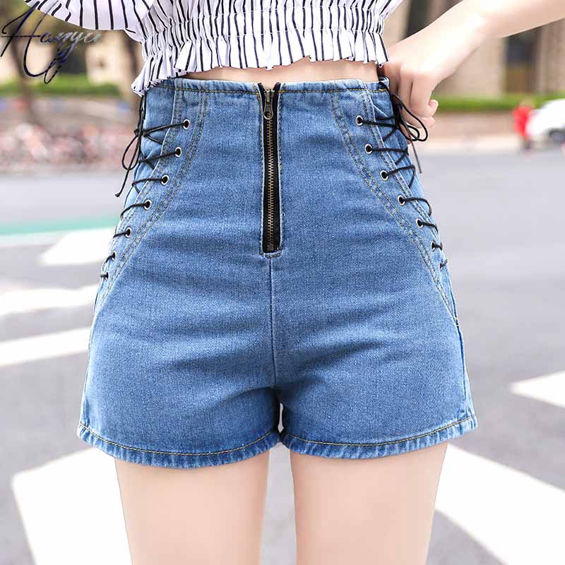 S-5XL]Sexy Blue Denim Shorts Women Lace Up Casual Zipper Jeans