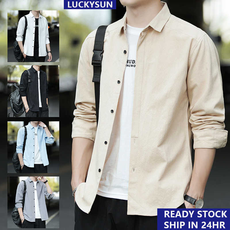 New Men's Dress Shirts Long Sleeves Slim Fit Korean Oxford Pocket