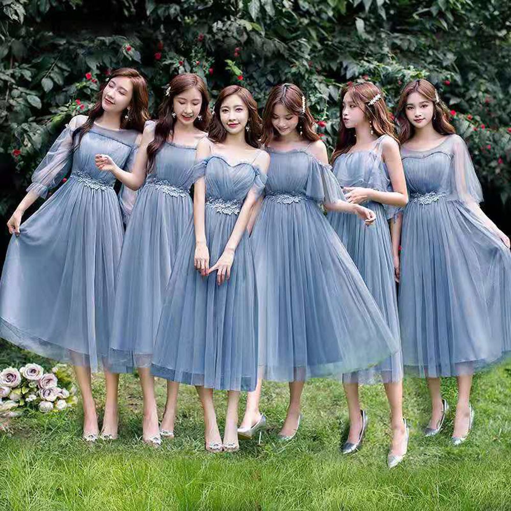 Blue-gray slim evening dress Bridesmaid dress Temperament host dress |  Shopee Singapore
