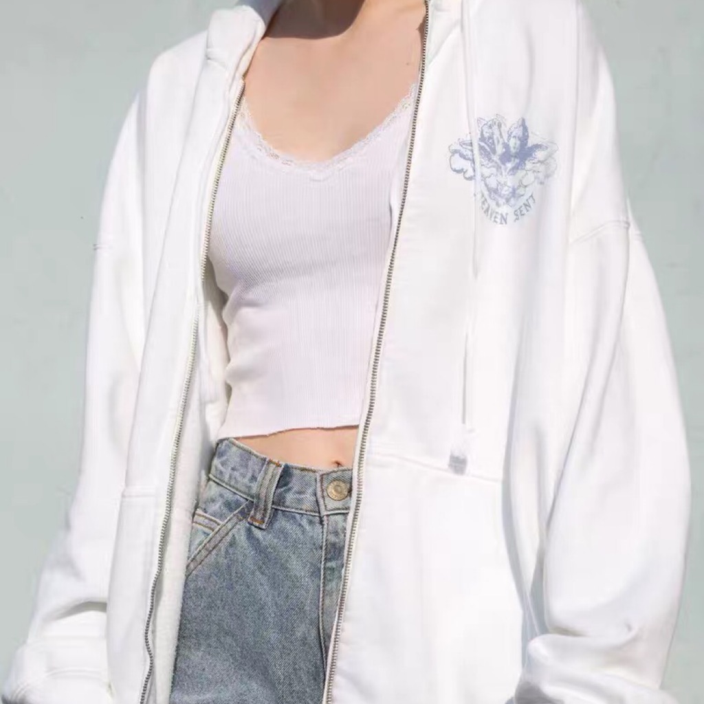 White 'Heaven Sent' Oversized Zip Through Hoodie – FloralKini