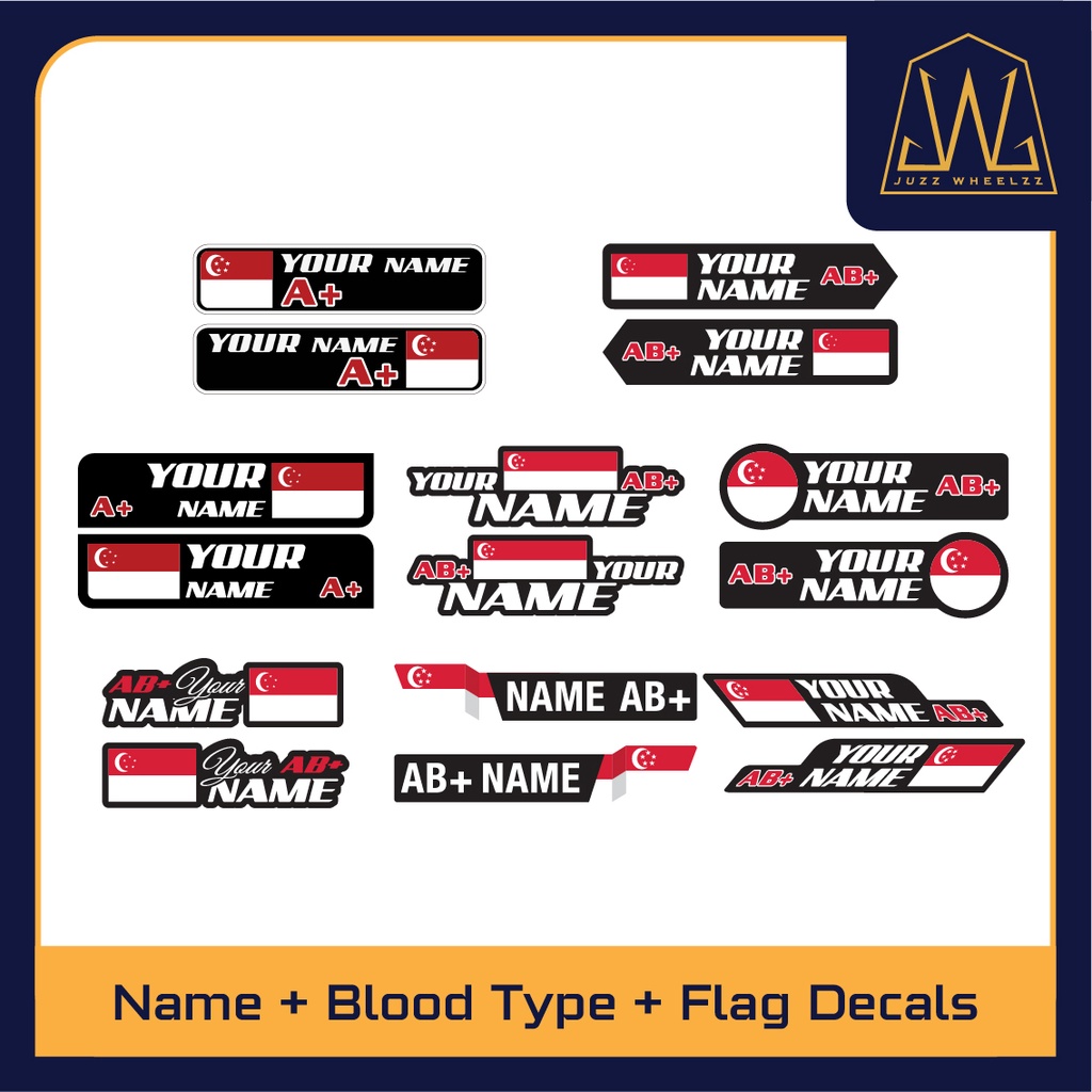 MOTORCYCLE HELMET STICKERS: CUSTOM NAME + ITALY FLAG + RH BLOOD GROUP