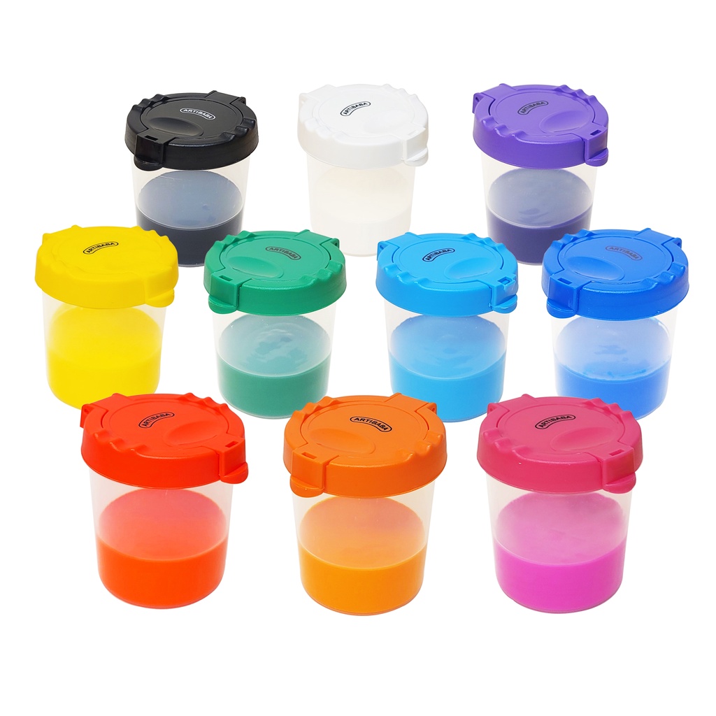 Plastic Small & Large Non Spill Water Cup Paint Pot Set With 4 Brushes Kids  Art Painting 